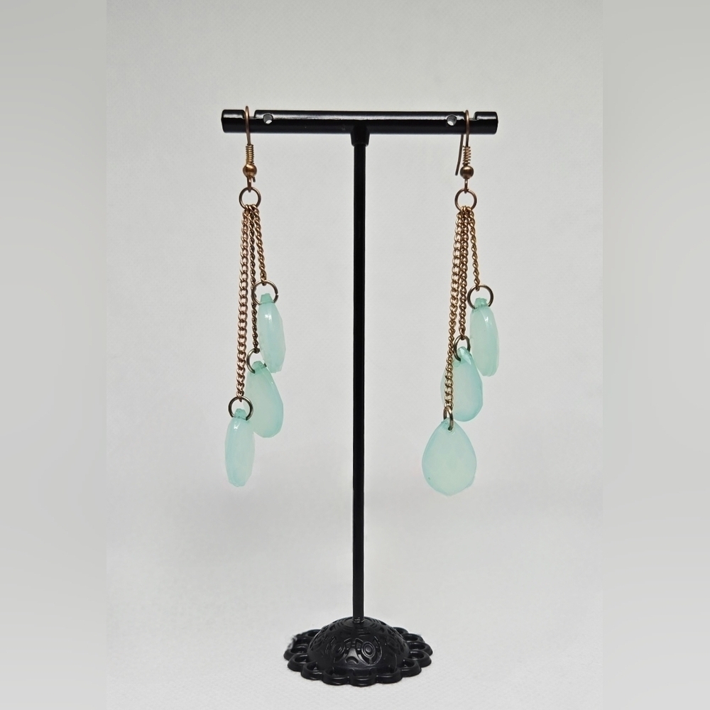 Bronze Chain Dangle Earrings Aqua Teardrop Beads Boho Style